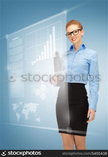 picture of happy woman with virtual screens in specs