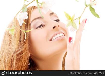 picture of happy woman with white flowers