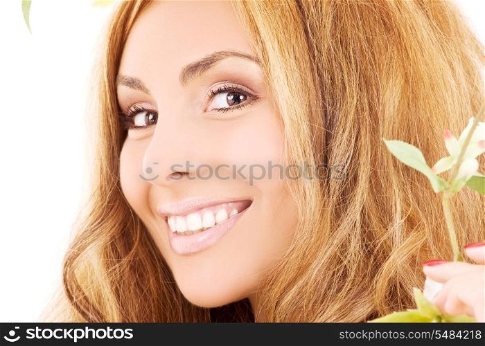 picture of happy woman with white flowers