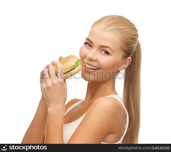 picture of healthy woman eating junk food