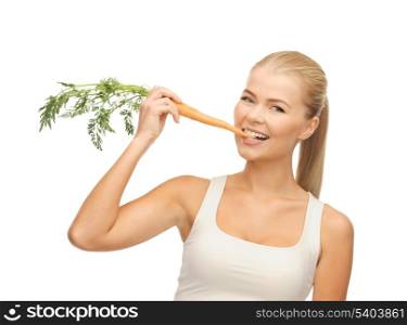 picture of healthy young woman biting carrot