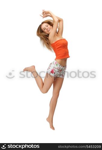 picture of jumping beautiful woman in casual clothes