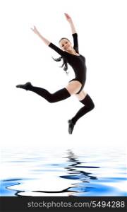 picture of jumping girl in black leotard over white