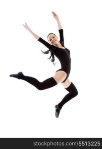 picture of jumping girl in black leotard over white