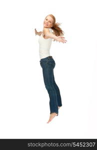 picture of jumping teenage girl in blank white t-shirt