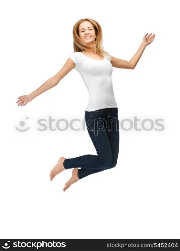 picture of jumping teenage girl in blank white t-shirt