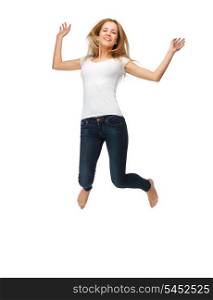 picture of jumping teenage girl in blank white t-shirt
