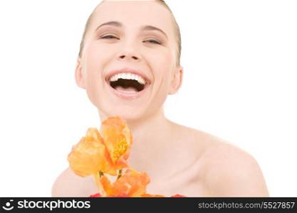 picture of laughing woman with flowers over white