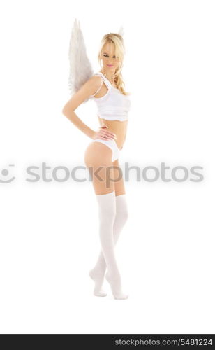 picture of lingerie angel in stockings over white