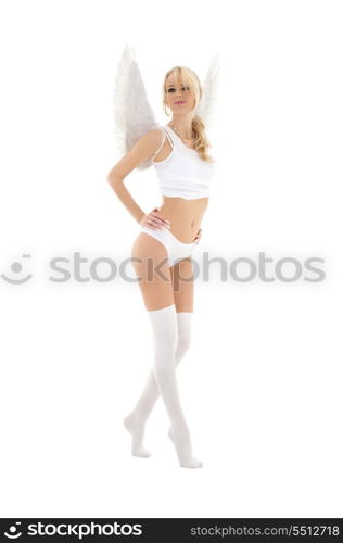 picture of lingerie angel in stockings over white