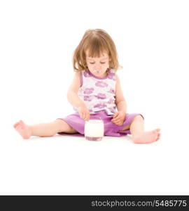 picture of little girl eating yogurt over white