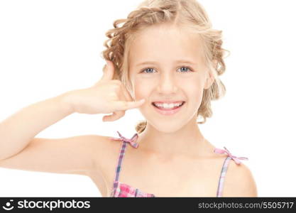 picture of little girl making a call me gesture&#xA;