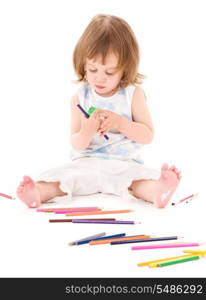 picture of little girl with color pencils over white