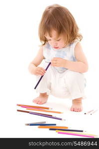 picture of little girl with color pencils over white