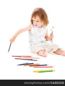 picture of little girl with color pencils over white