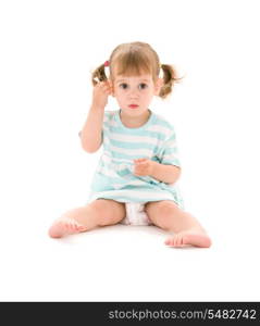 picture of little girl with cotton sticks over white