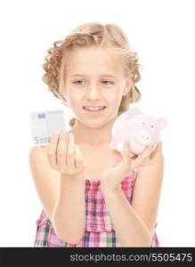 picture of little girl with piggy bank and money&#xA;