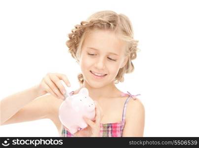 picture of little girl with piggy bank and money&#xA;