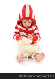 picture of little girl with plush toy over white