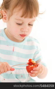 picture of little girl with strawberry over white