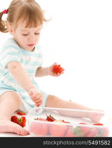 picture of little girl with strawberry over white