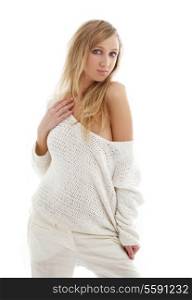 picture of lovely blond in white linen trousers and sweater