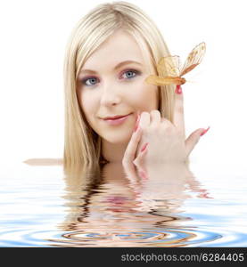 picture of lovely blond with butterfly in water