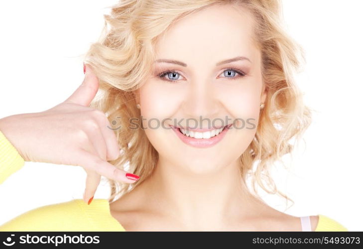 picture of lovely blonde making a call me gesture