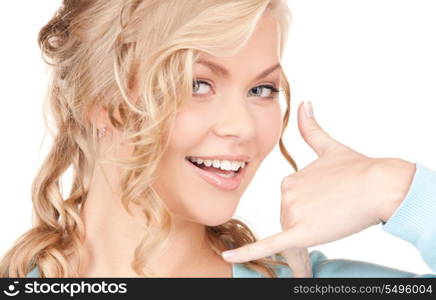 picture of lovely blonde making a call me gesture