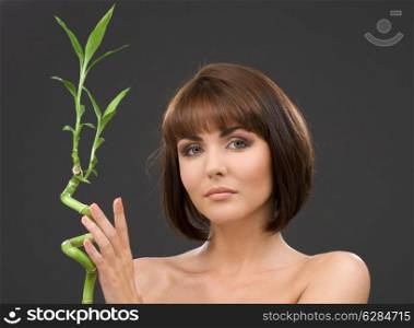 picture of lovely brunette with bamboo over grey