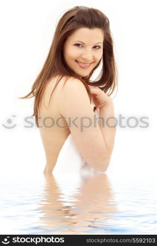picture of lovely brunette with white towel in water
