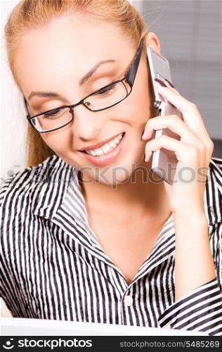 picture of lovely girl with cell phone in office
