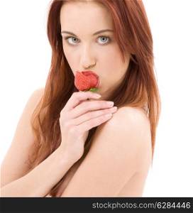 picture of lovely girl with strawberry over white