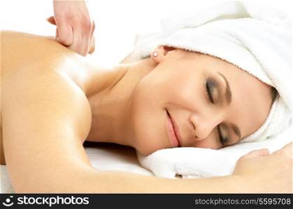 picture of lovely lady relaxing in massage salon