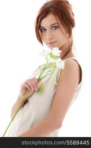 picture of lovely redhead with flower over white