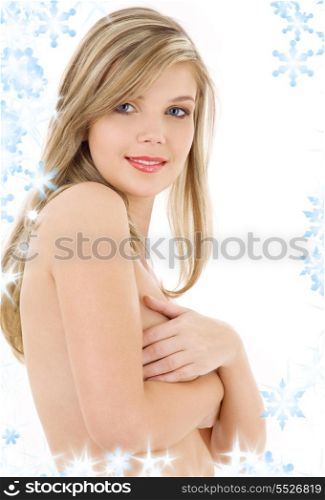 picture of lovely topless blonde over white