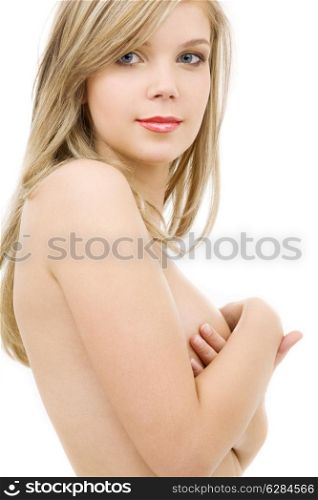 picture of lovely topless blonde over white