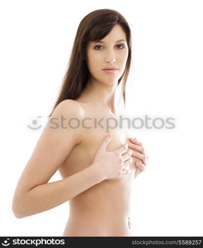 picture of lovely topless brunette over white