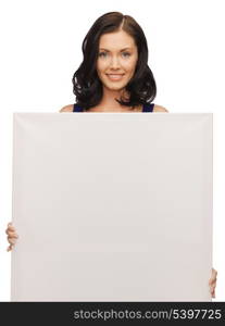picture of lovely woman in blue dress with blank board