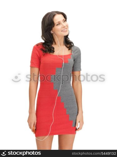 picture of lovely woman in elegant dress listening music