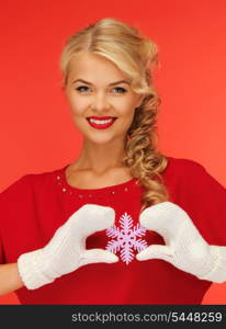 picture of lovely woman in mittens and red dress with snowflake