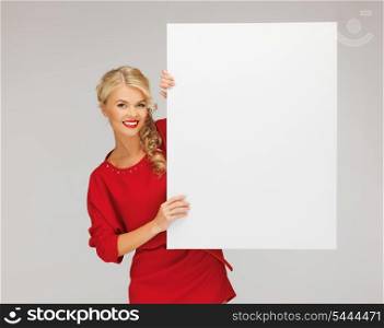 picture of lovely woman in red dress with blank board