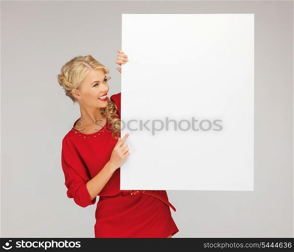 picture of lovely woman in red dress with blank board