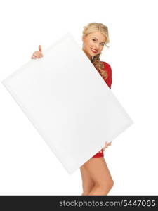 picture of lovely woman in red dress with blank board