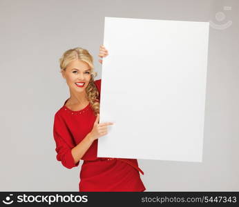 picture of lovely woman in red dress with blank board