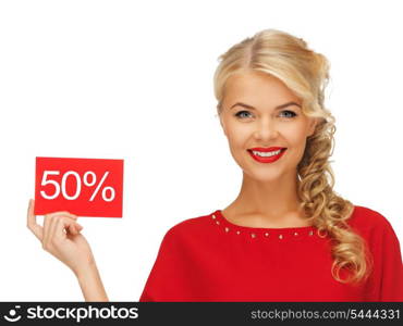 picture of lovely woman in red dress with discount card