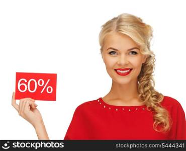 picture of lovely woman in red dress with discount card