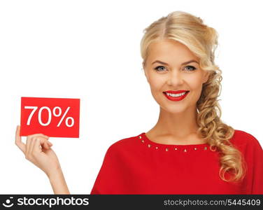 picture of lovely woman in red dress with discount card