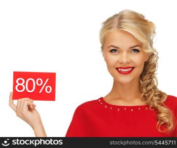 picture of lovely woman in red dress with discount card