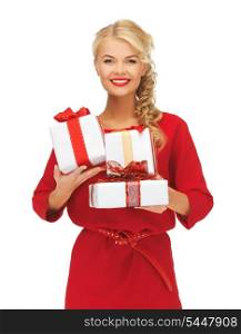 picture of lovely woman in red dress with gift boxes